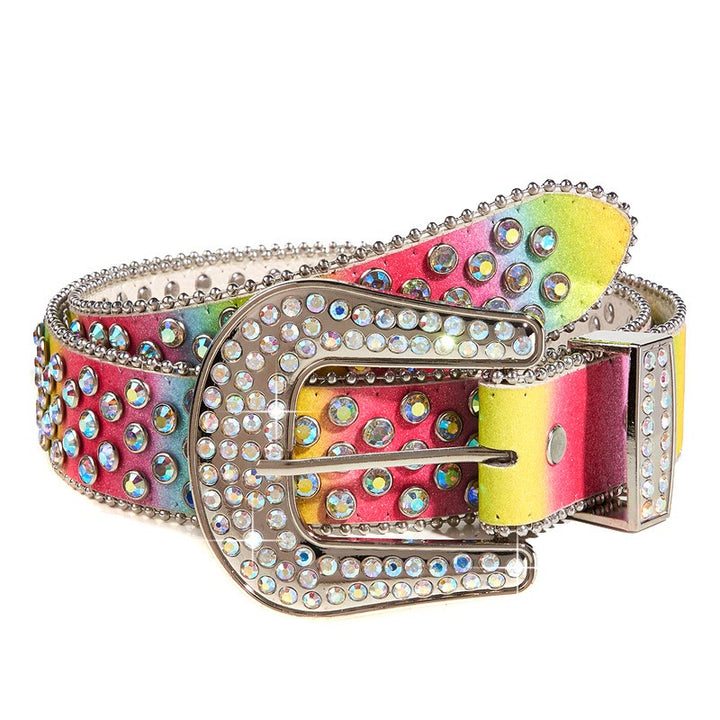 Cintura in pelle con strass arcobaleno colorato da donna