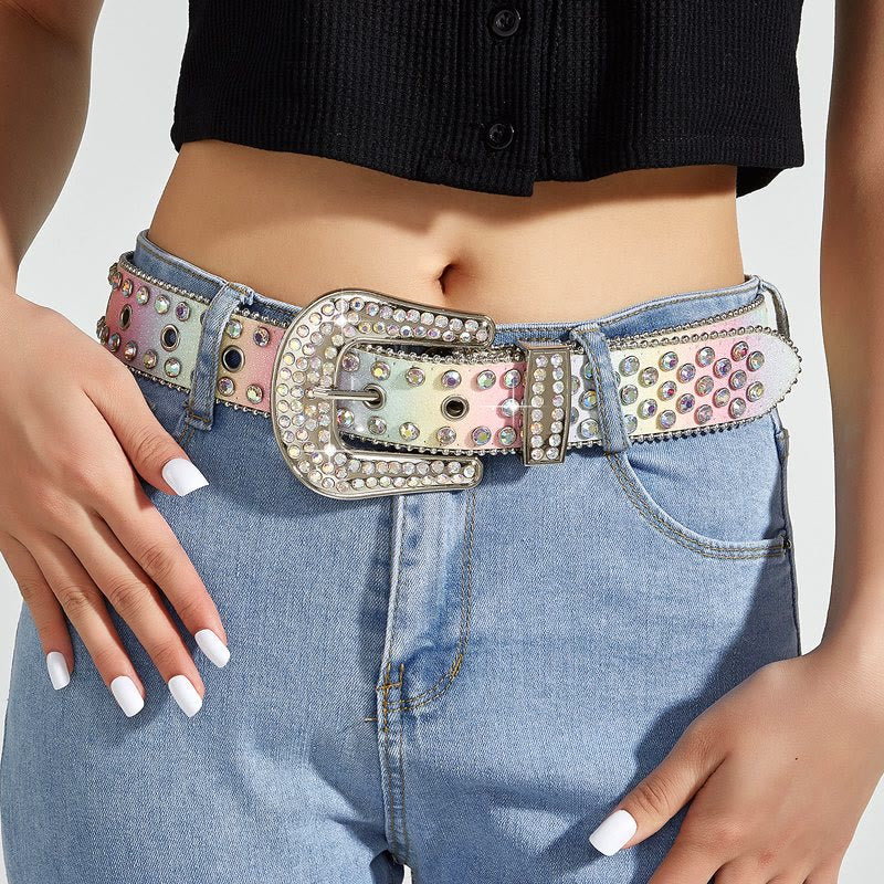 Cintura in pelle con strass arcobaleno colorato da donna