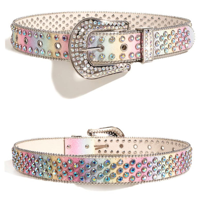 Cintura in pelle con strass arcobaleno colorato da donna