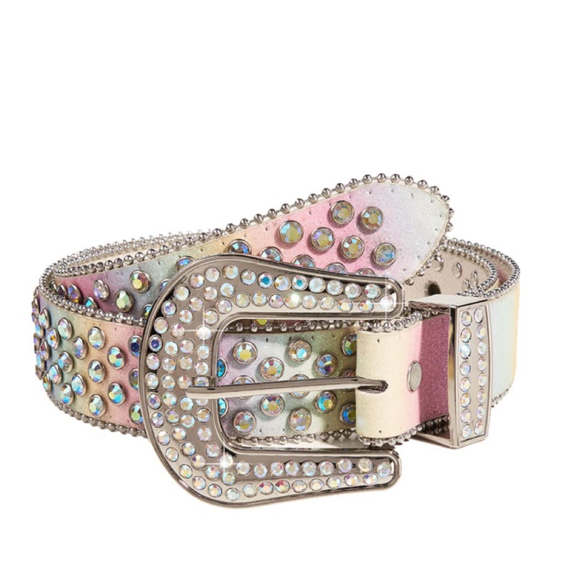 Cintura in pelle con strass arcobaleno colorato da donna