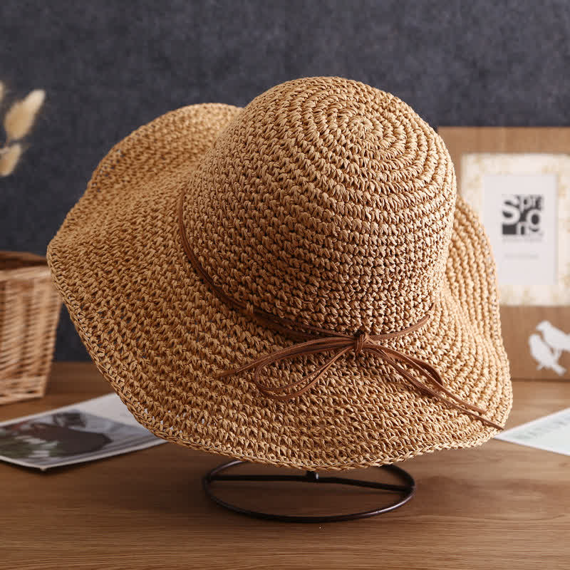 Cappello di paglia pieghevole estivo a tesa larga elegante da donna - Marrone chiaro - Misura M (22"-22 7/8") - image 0
