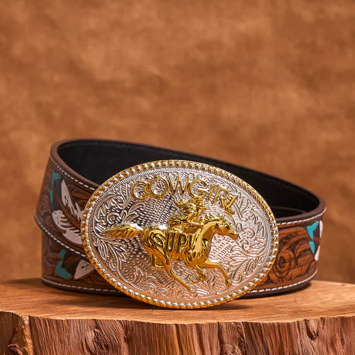 Cintura in pelle con fibbia per equitazione fai da te in oro e argento, stile cowgirl - Oro e Argento - Cintura di piume marroni - 40 - image 8
