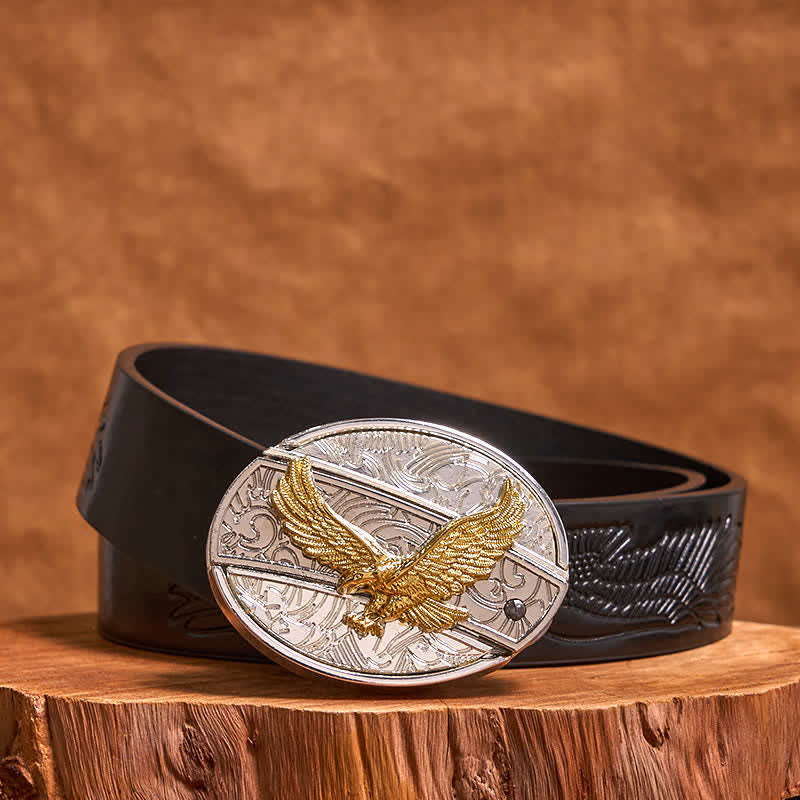Cintura in pelle con coltello pieghevole nascosto fai da te in oro e argento con aquila da uomo - Aquila - Cintura con aquila in rilievo nera - 42 - image 4