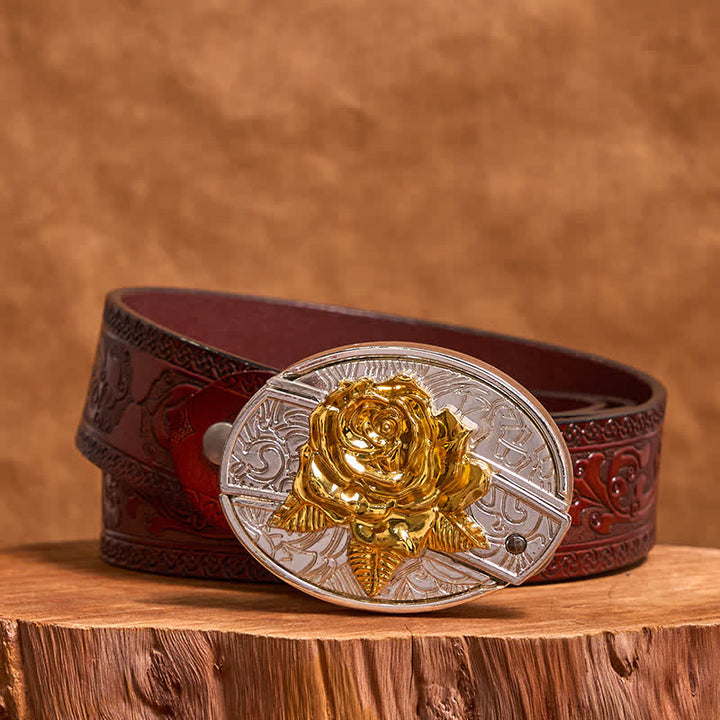 Cintura in pelle fai da te da uomo con coltello pieghevole nascosto in oro e argento rosa - Rosa - Cintura marrone intagliata - 42 - image 8