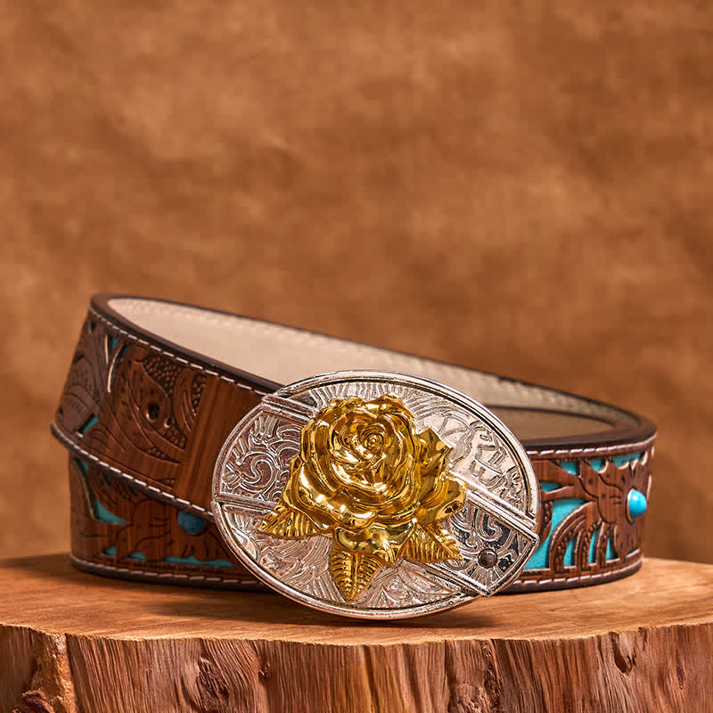 Cintura in pelle fai da te da uomo con coltello pieghevole nascosto in oro e argento rosa - Rosa - Cintura intagliata turchese - 42 - image 4