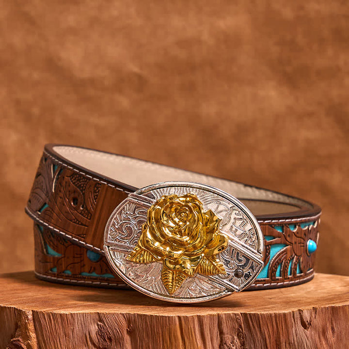 Cintura in pelle fai da te da uomo con coltello pieghevole nascosto in oro e argento rosa - Rosa - Cintura intagliata turchese - 42 - image 4