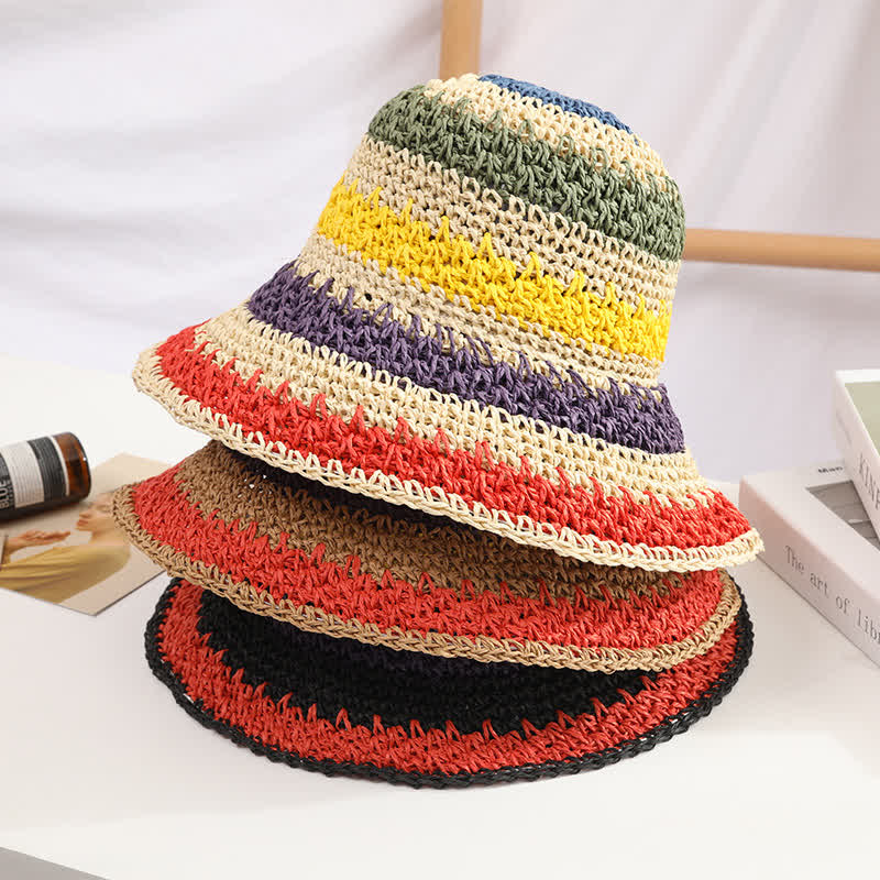 Cappello di paglia pieghevole arcobaleno colorato in stile boho da donna - image 4