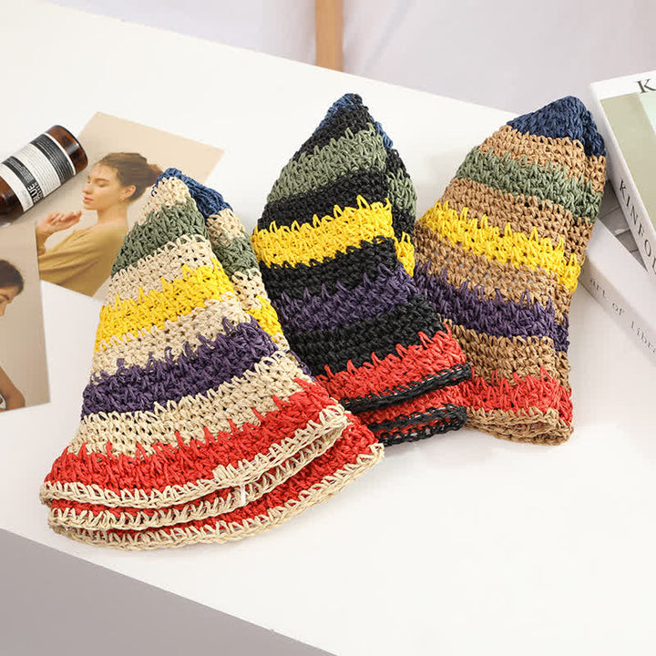 Cappello di paglia pieghevole arcobaleno colorato in stile boho da donna - image 3
