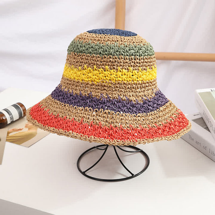 Cappello di paglia pieghevole arcobaleno colorato in stile boho da donna - Cachi - Misura M (22"-22 7/8") - image 8