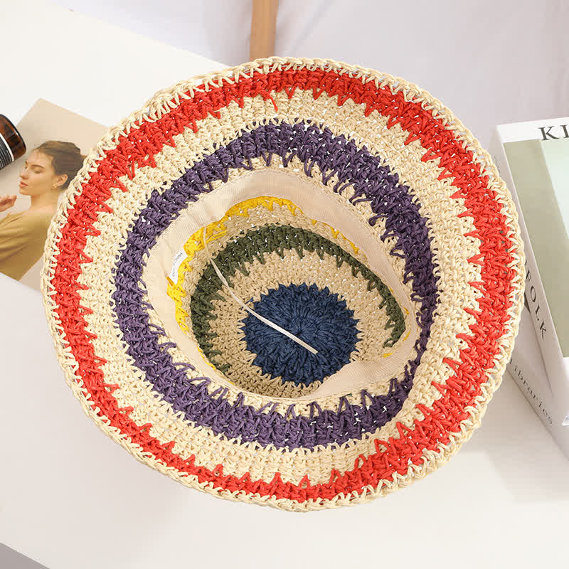 Cappello di paglia pieghevole arcobaleno colorato in stile boho da donna - image 7