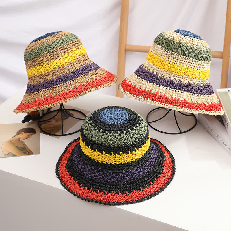 Cappello di paglia pieghevole arcobaleno colorato in stile boho da donna - image 2