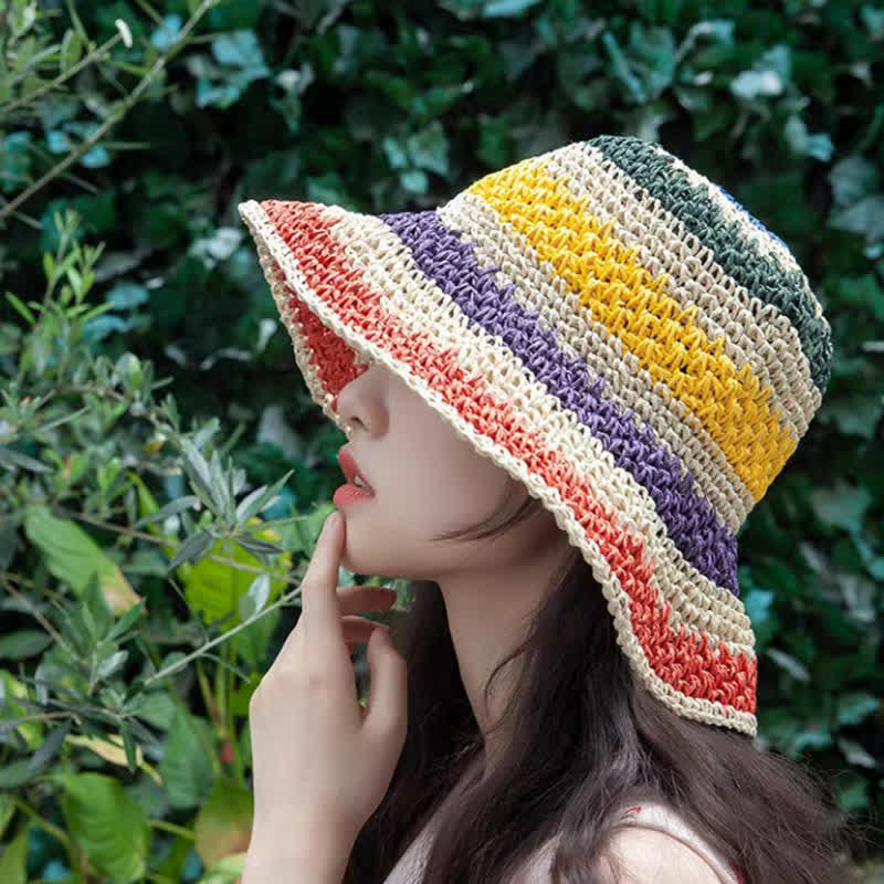 Cappello di paglia pieghevole arcobaleno colorato in stile boho da donna - image 1