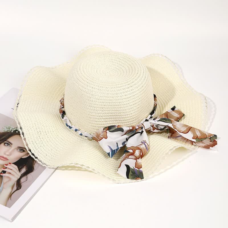 Cappello di paglia pieghevole con decorazione di perle e nastri floreali estivi da donna - Avorio - Misura M (22"-22 7/8") - image 3