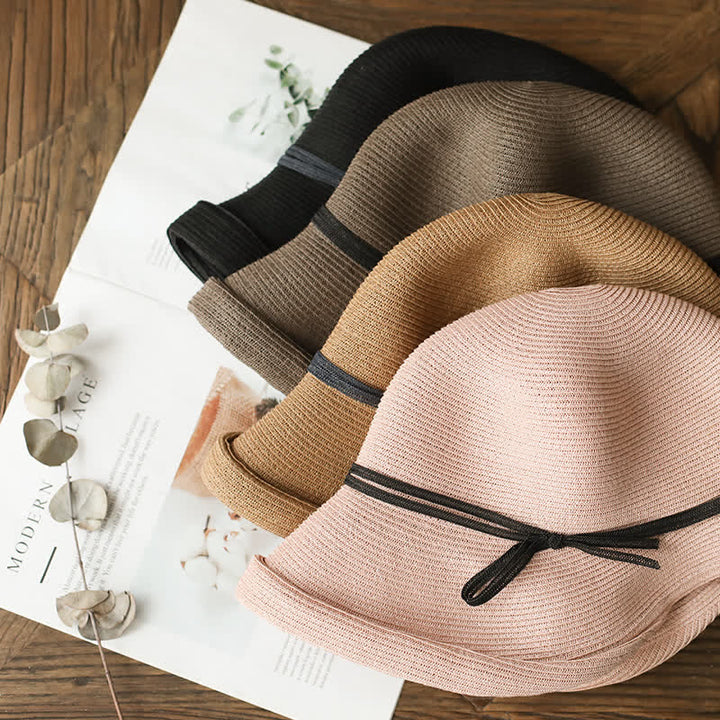 Cappello di paglia pieghevole con tesa arrotolata in stile semplice da donna - image 4