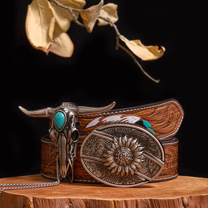 Pratico set di ciondoli fai da te con fibbia per coltello nascosto turchese e toro dalle lunghe corna - Girasole - Cintura di piume marroni - 40 - image 8