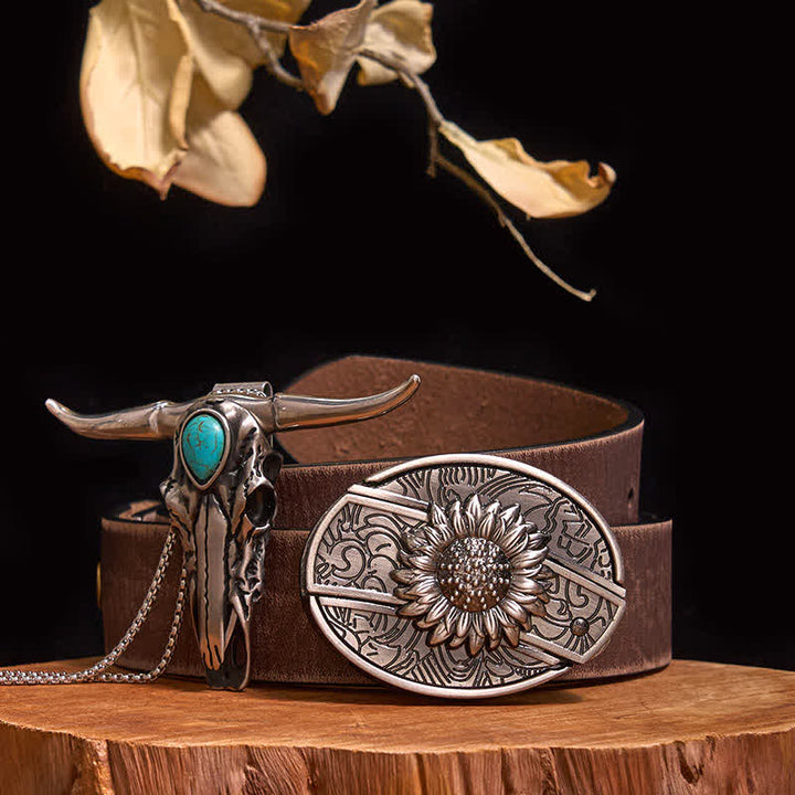 Pratico set di ciondoli fai da te con fibbia per coltello nascosto turchese e toro dalle lunghe corna - Girasole - Cintura marrone anticata - 40 - image 6