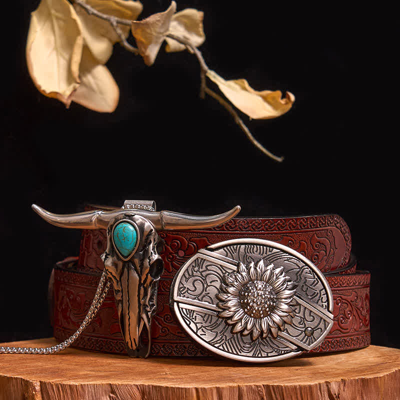 Pratico set di ciondoli fai da te con fibbia per coltello nascosto turchese e toro dalle lunghe corna - Girasole - Cintura marrone intagliata - 40 - image 7