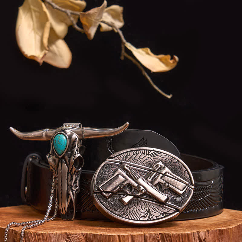 Pratico set di ciondoli fai da te con fibbia per coltello nascosto turchese e toro dalle lunghe corna - Pistole doppie - Cintura con aquila in rilievo nera - 40 - image 31