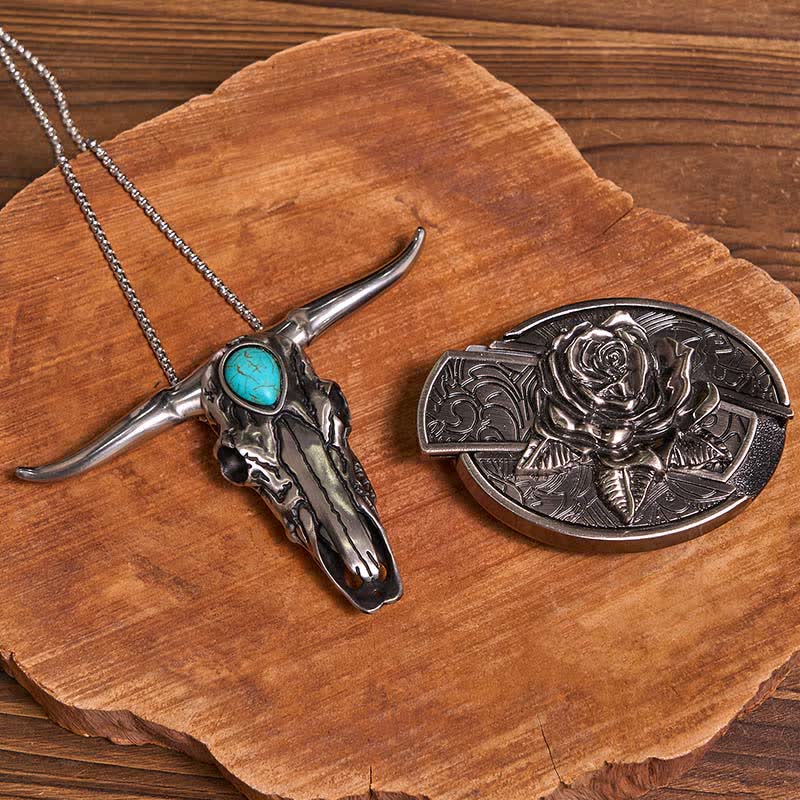 Set pratico di ciondoli fai da te con fibbia per coltello nascosto turchese a forma di toro longhorn