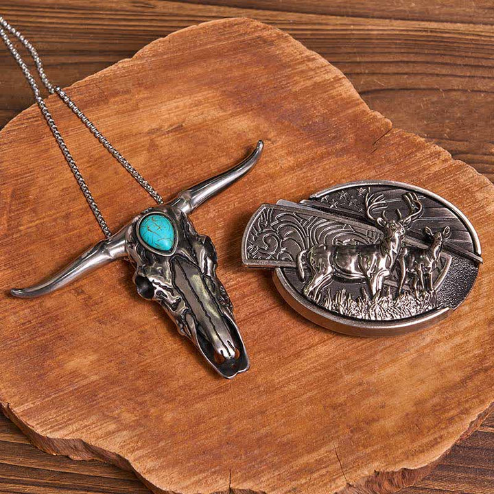 Pratico set di ciondoli fai da te con fibbia per coltello nascosto turchese e toro dalle lunghe corna - Cervi doppi - Senza cintura - Cintura non inclusa - image 9