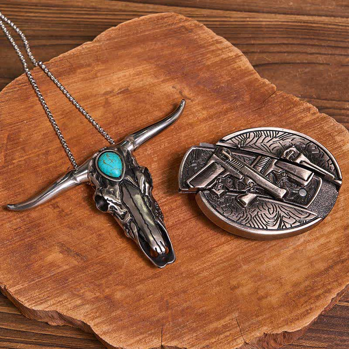 Pratico set di ciondoli fai da te con fibbia per coltello nascosto turchese e toro dalle lunghe corna - Pistole doppie - Senza cintura - Cintura non inclusa - image 30