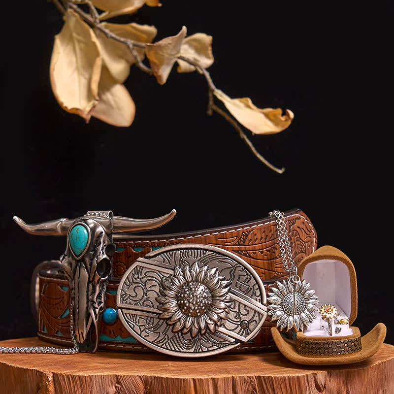 Set di ciondoli a forma di toro turchese con fibbia per cintura fai da te con coltello nascosto a tema girasole - Girasole - Cintura intagliata turchese - 42 - image 6