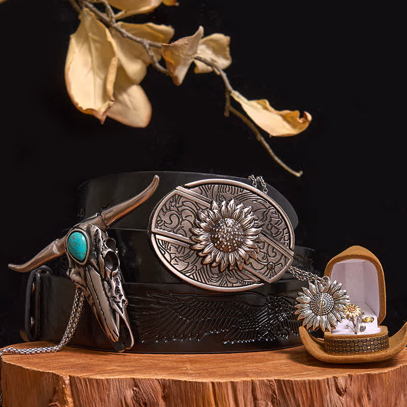 Set di ciondoli a forma di toro turchese con fibbia per cintura fai da te con coltello nascosto a tema girasole - Girasole - Cintura con aquila in rilievo nera - 42 - image 0