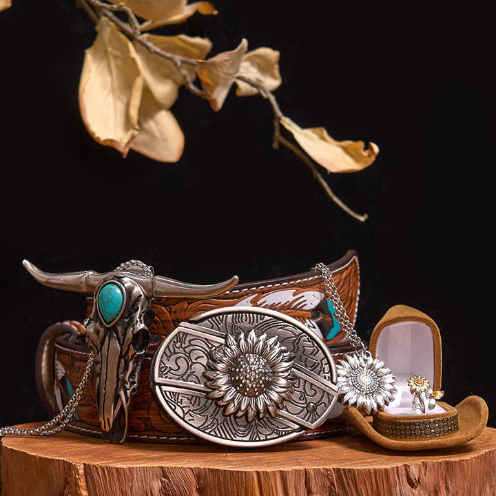 Set di ciondoli a forma di toro turchese con fibbia per cintura fai da te con coltello nascosto a tema girasole - Girasole - Cintura di piume marroni - 40 - image 10