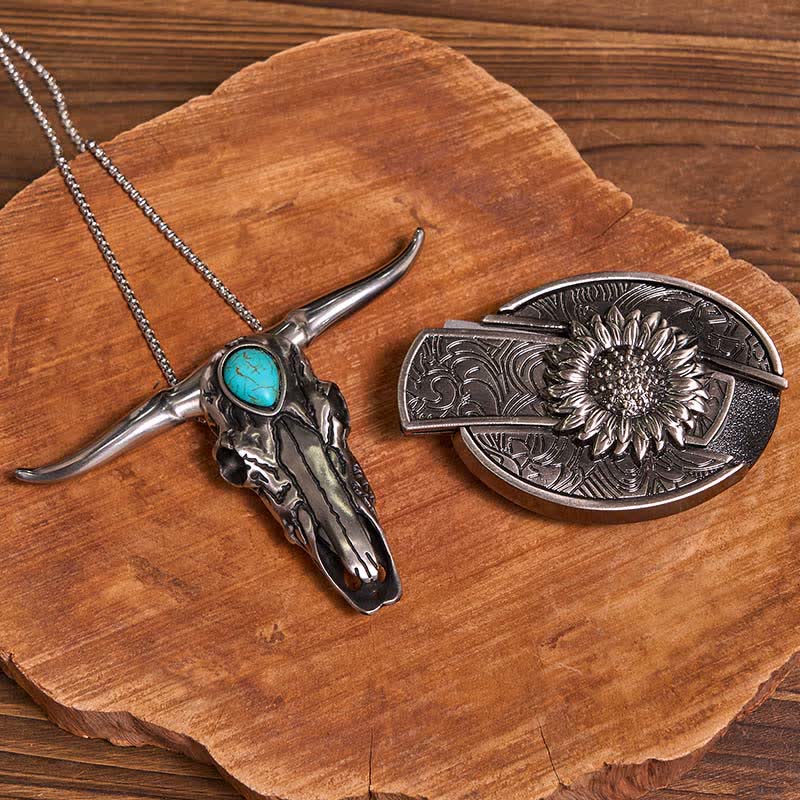 Set di ciondoli a forma di toro turchese con fibbia per cintura fai da te con coltello nascosto a tema girasole