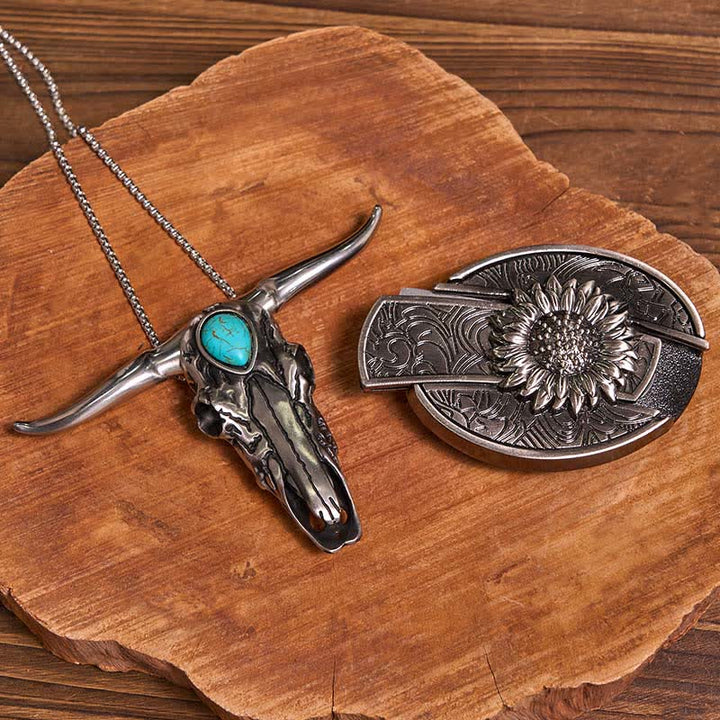 Set di ciondoli a forma di toro turchese con fibbia per cintura fai da te con coltello nascosto a tema girasole - image 1