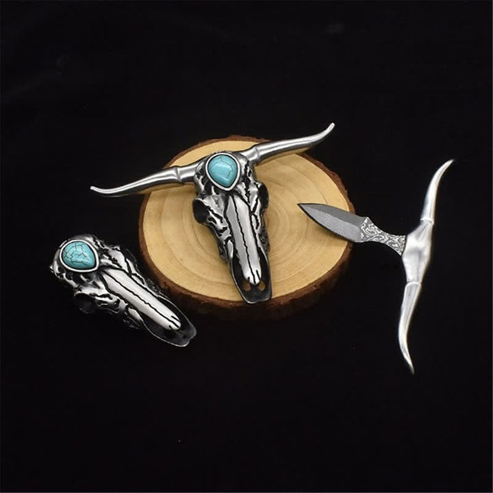 Fibbia per cintura con ciondolo multifunzione EDC con teschio Longhorn turchese (PRE-VENDITA) - Argento - image 0