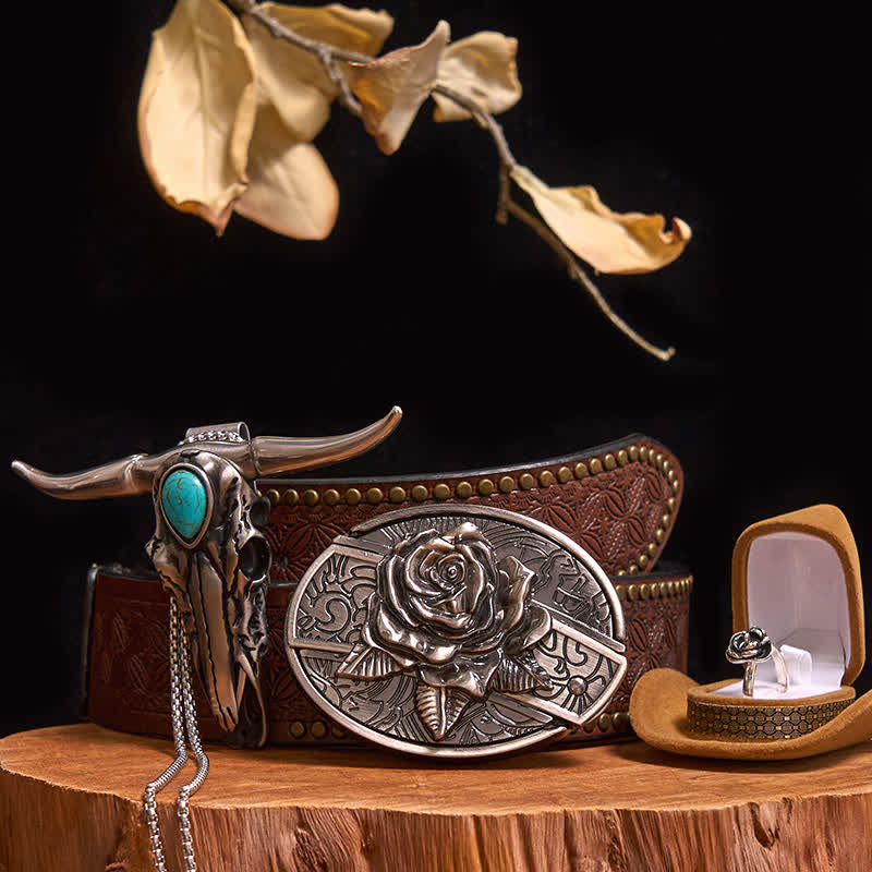 Set di ciondoli a forma di toro turchese con fibbia per cintura fai da te con coltello nascosto a tema rosa - Rosa - Cintura con rivetti marroni - 42 - image 7