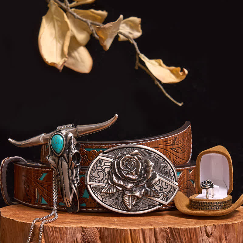 Set di ciondoli a forma di toro turchese con fibbia per cintura fai da te con coltello nascosto a tema rosa - Rosa - Cintura intagliata turchese - 42 - image 6