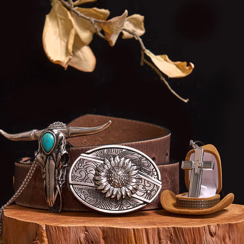 Set di collana con ciondolo a forma di toro turchese, fibbia per cintura con coltello nascosto fai da te - Girasole - Cintura marrone anticata - 42 - image 0