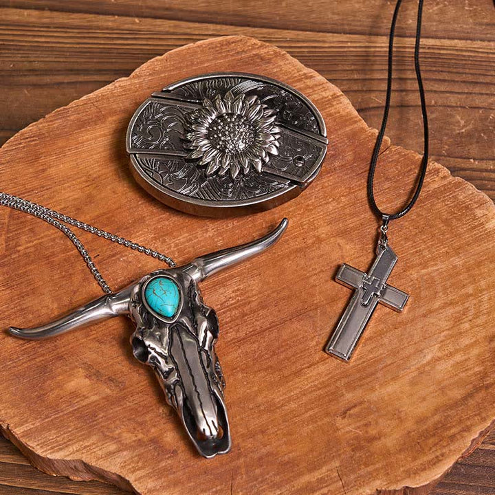 Set di collana con ciondolo a forma di toro turchese con fibbia per cintura con coltello nascosto fai da te