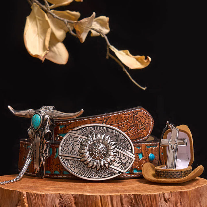 Set di collana con ciondolo a forma di toro turchese, fibbia per cintura con coltello nascosto fai da te (PRE-VENDITA) - Girasole - Cintura intagliata turchese - 42 - image 8