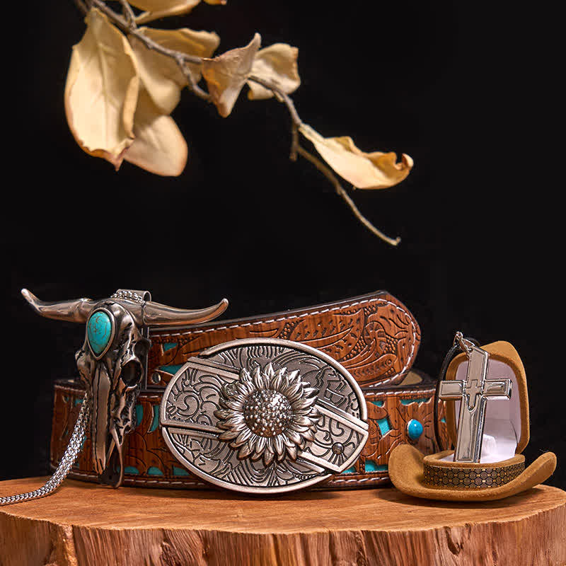 Set di collana con ciondolo a forma di toro turchese, fibbia per cintura con coltello nascosto fai da te - Girasole - Cintura intagliata turchese - 42 - image 8