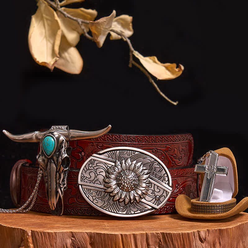 Set di collana con ciondolo a forma di toro turchese, fibbia per cintura con coltello nascosto fai da te - Girasole - Cintura marrone intagliata - 42 - image 10