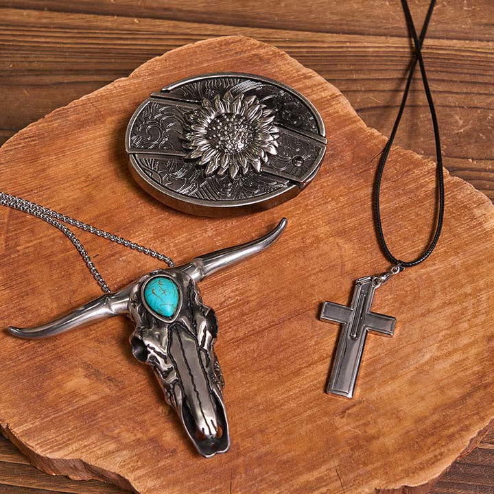 Set di collana con ciondolo a forma di toro turchese con fibbia per cintura con coltello nascosto fai da te