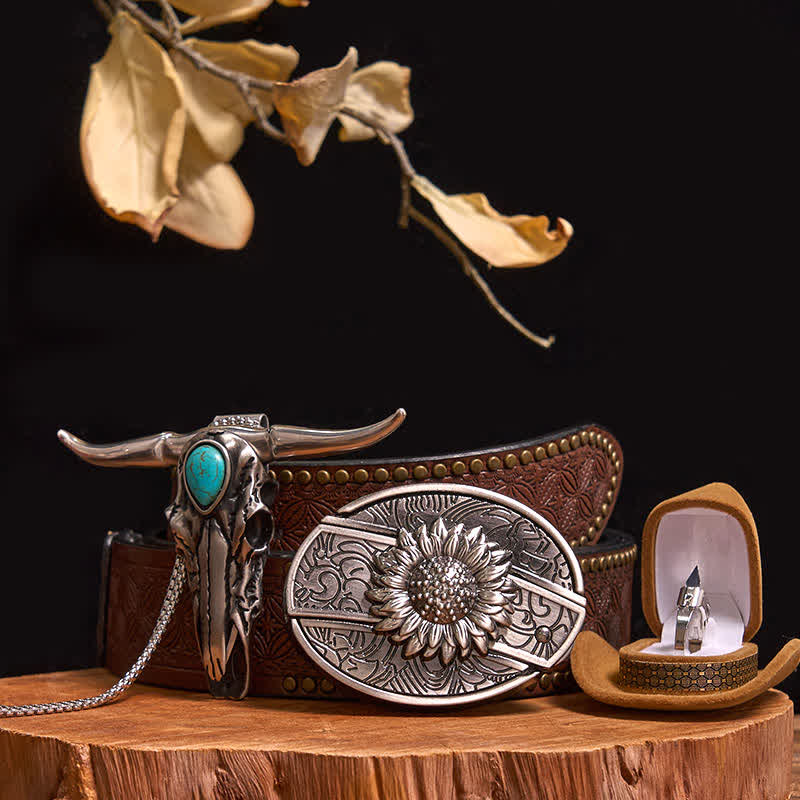 Set di anelli con ciondolo a forma di toro turchese con fibbia per cintura con coltello nascosto fai da te