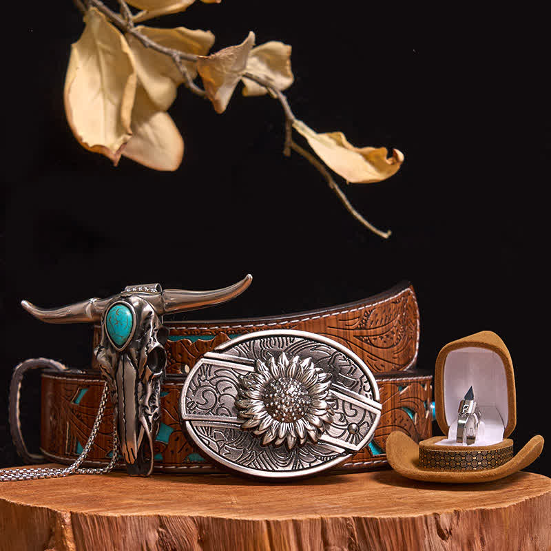 Set di anelli con ciondolo a forma di toro turchese con fibbia per cintura con coltello nascosto fai da te - Girasole - Cintura intagliata turchese - 40 - image 6