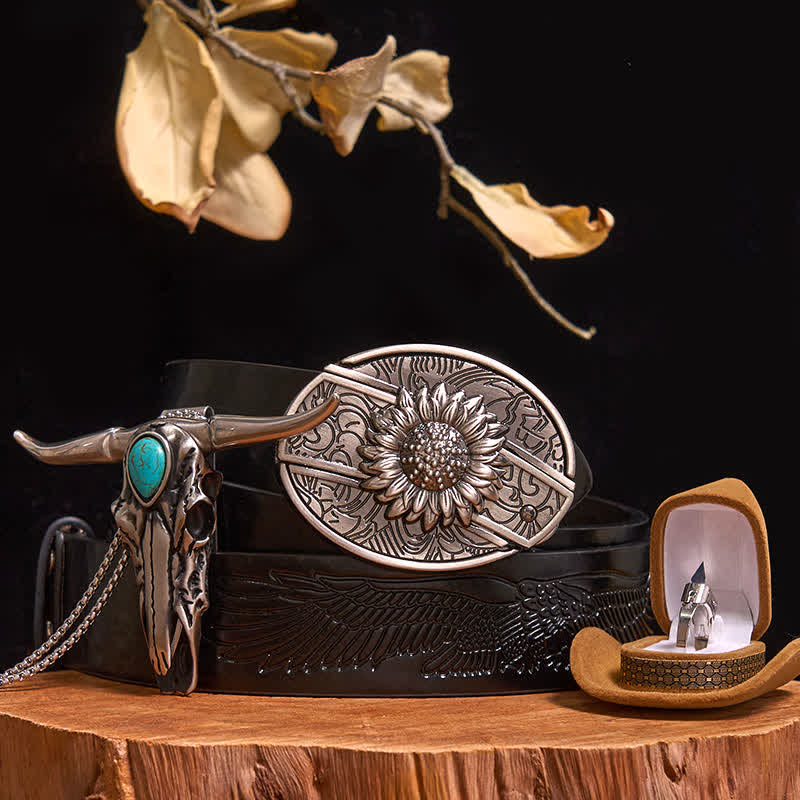 Set di anelli con ciondolo a forma di toro turchese e fibbia per cintura con coltello nascosto fai da te (PRE-VENDITA) - Girasole - Cintura con aquila in rilievo nera - 40 - image 0