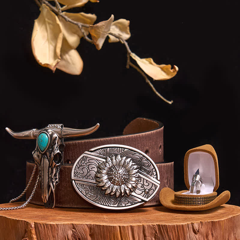 Set di anelli con ciondolo a forma di toro turchese con fibbia per cintura con coltello nascosto fai da te - Girasole - Cintura marrone anticata - 40 - image 8
