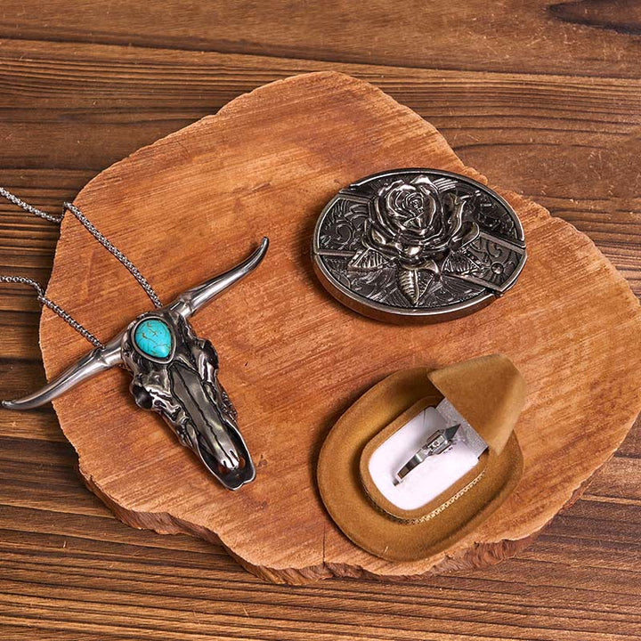 Set di anelli con ciondolo a forma di toro turchese con fibbia per cintura con coltello nascosto fai da te