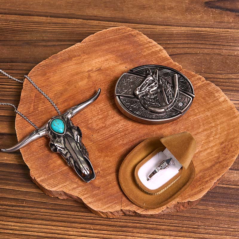 Set di anelli con ciondolo a forma di toro turchese con fibbia per cintura con coltello nascosto fai da te