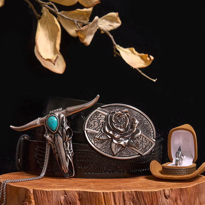 Set di anelli con ciondolo a forma di toro turchese con fibbia per cintura con coltello nascosto fai da te - Rosa - Cintura con aquila in rilievo nera - 40 - image 19