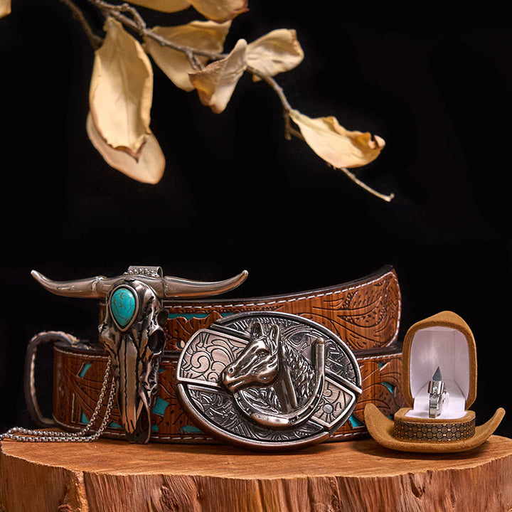 Set di anelli con ciondolo a forma di toro turchese con fibbia per cintura con coltello nascosto fai da te - Testa di cavallo - Cintura intagliata turchese - 40 - image 13