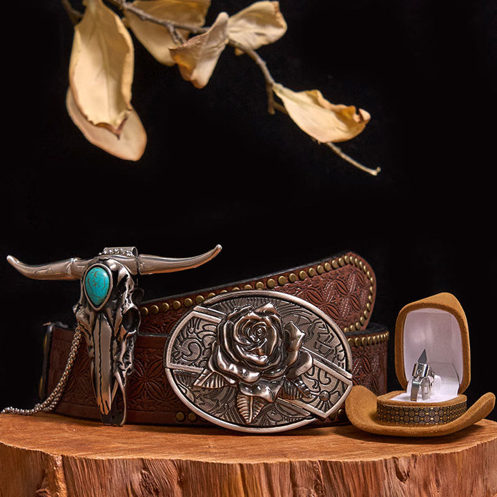 Set di anelli con ciondolo a forma di toro turchese con fibbia per cintura con coltello nascosto fai da te - Rosa - Cintura con rivetti marroni - 40 - image 21