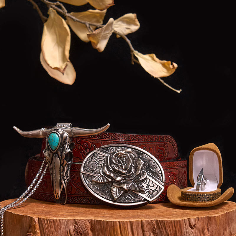 Set di anelli con ciondolo a forma di toro turchese con fibbia per cintura con coltello nascosto fai da te - Rosa - Cintura marrone intagliata - 40 - image 23