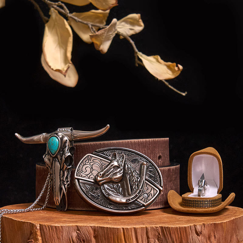 Set di anelli con ciondolo a forma di toro turchese con fibbia per cintura con coltello nascosto fai da te - Testa di cavallo - Cintura marrone anticata - 40 - image 15